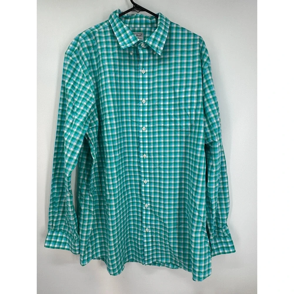 L.L.Bean Men's XL Tall Green‎ Checkered Slightly Fitted Long Sleeve Shirt